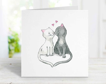 Kissing Cats Card, Free Personalization Greeting Card, Birthday, Anniversary Card for wife, girlfriend, husband, boyfriend, kid, Watercolor