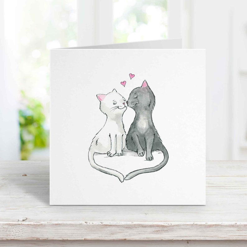 Kissing Cats Card, Free Personalization Greeting Card, Birthday, Anniversary Card for wife, girlfriend, husband, boyfriend, kid, Watercolor image 1