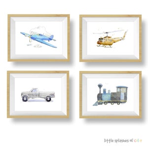 transportation prints for toddler boys room from original watercolor illustrations, choose from airplanes, helicopters, pickup trucks, construction trucks, trains, and tractors