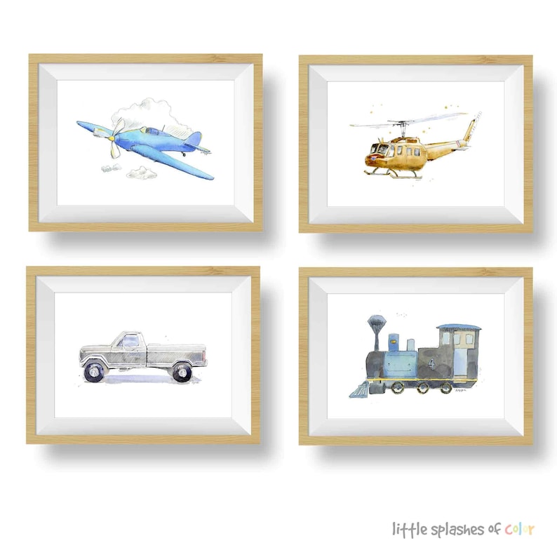 transportation prints for toddler boys room from original watercolor illustrations, choose from airplanes, helicopters, pickup trucks, construction trucks, trains, and tractors