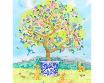Chinoiserie Wall Art Print #2 for Baby and Toddler Girls Rooms, Nursery Wall Decor, Tree, Bluebirds, Rabbits, Watercolor