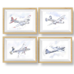 Set of 4 Military Airplane Prints for Boys Room, WWII Bombers Wall Art, B-17, B-24, B-25, B-29, Watercolor