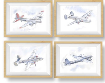 Set van 4 militaire vliegtuigafdrukken voor jongenskamer, WO II bommenwerpers kunst aan de muur, B-17, B-24, B-25, B-29, aquarel