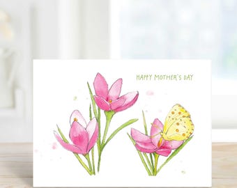 Watercolor Crocus Mother's Day Card: Pink Flowers, Butterfly, Personalized