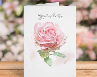 Pink Rose Watercolor Card for Mother's Day for Mom, Wife, Daughter, Free Personalization