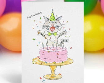 Purr-Prise Cat Birthday Card for Girl, Kids, Friend, Wife, Mom, Husband,  Pink or Blue Cake, A6 4.5 x 6.25 in.