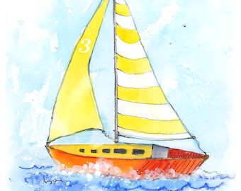 Yellow Sailboat Print, Nautical Nursery Wall Art, Sailboat Painting, Toddler Boy or Girls Room Decor, Watercolor, Digital Download