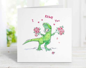 Watercolor T-rex Love Card: Anniversary, Valentine's Day, Birthday
