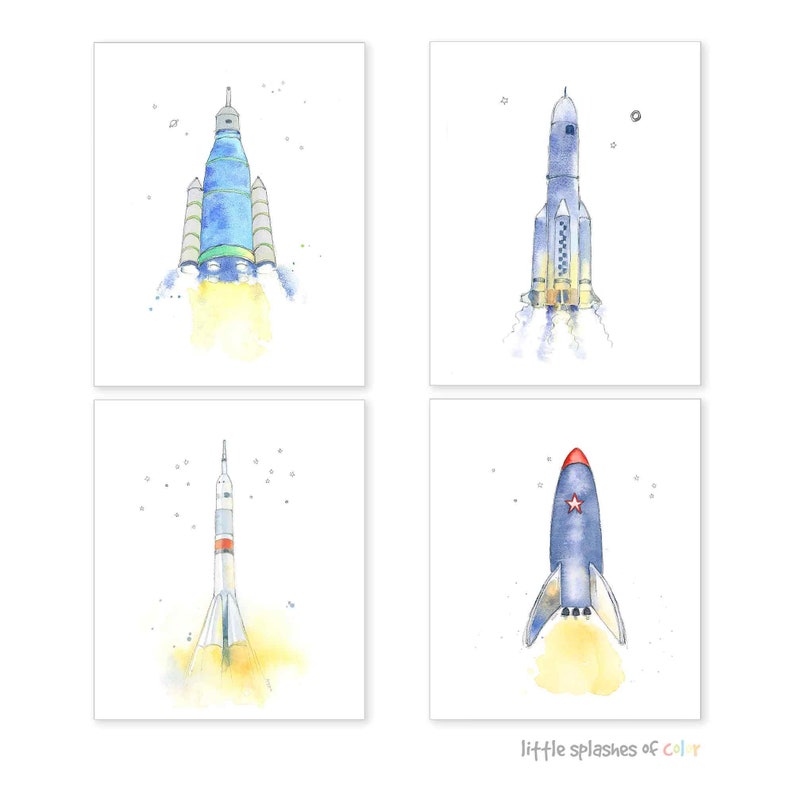 Space Ship Artwork, Set of 4 Prints for Toddler Boy Room, Rocket Ship Art, Boy Wall Art, Space Themed Nursery, Watercolor image 3