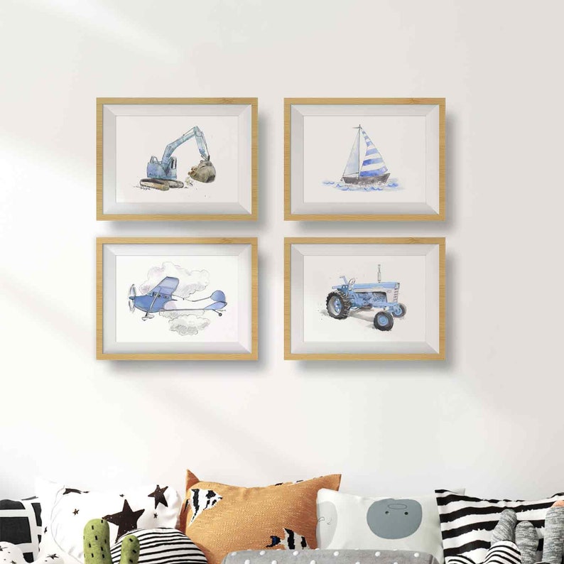 Light Blue Transportation Prints for Toddler Boys Room, Set of 3, 4, or 6, Vehicle Wall Art, Truck Prints, Train Print, Airplane, Sailboat image 7