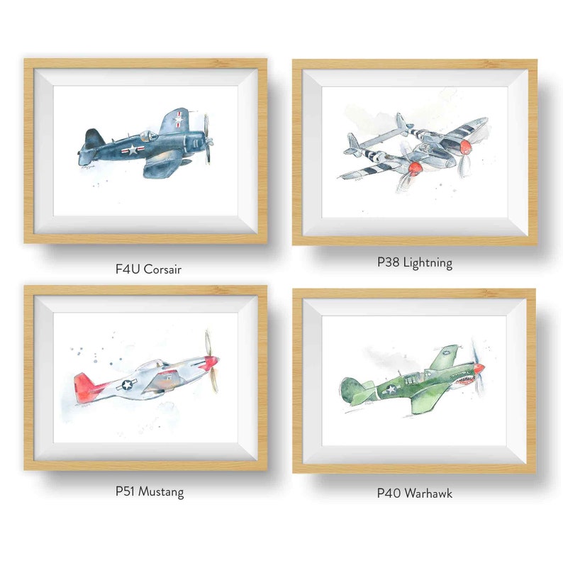 Set of 4 WWII Airplane Prints, F4U, P38, P40, P51, Military Fighter Planes, Wall Art, Gift for Dad, Husband, Boyfriend, Watercolor image 6