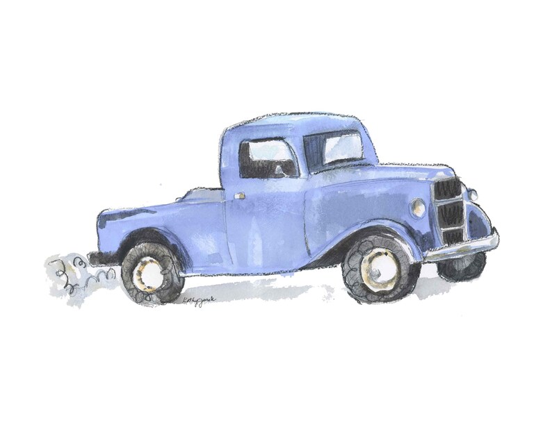 Light Blue Truck Print for Toddler Boys Bedroom, Vintage Truck Nursery Wall Decor, Birthday Babyshower Gift for Boy, Watercolor image 1