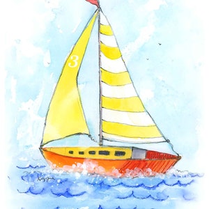 Yellow Sailboat Print for Baby and Toddlers Rooms, Nautical Nursery Wall Decor, Boys and Girls, Preschool Playroom, Watercolor image 1