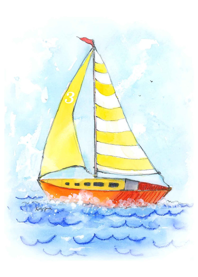 Yellow Sailboat Print for Baby and Toddlers Rooms, Nautical Nursery Wall Decor, Boys and Girls, Preschool Playroom, Watercolor image 1