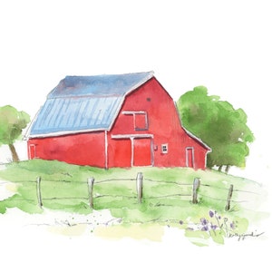 Red Barn Print, Old Barn Watercolor, Farmhouse Wall Art Decor, Watercolor Painting, Office, Living Room, Kitchen