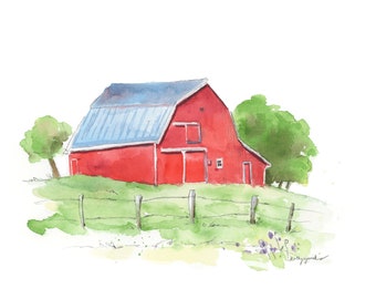 Red Barn Print, Old Barn Watercolor, Farmhouse Wall Art Decor, Watercolor Painting, Office, Living Room, Kitchen