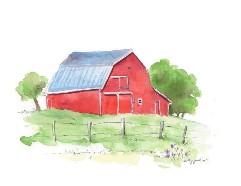 Red Barn Print, Old Barn Watercolor, Farmhouse Wall Art Decor, Watercolor Painting, Office, Living Room, Kitchen image 1