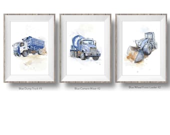 Set of 3 Blue Gray or Gray Truck Prints for Toddler Boys Room, Construction Decor, Kids Bedroom, Truck Wall Art