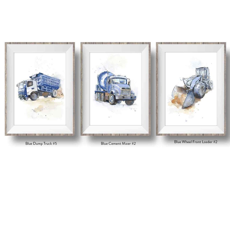 Set of 3 Blue Gray or Gray Truck Prints for Toddler Boys Room, Construction Decor, Kids Bedroom, Truck Wall Art image 1