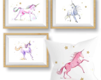 Unicorn Prints + Throw Pillow, Unicorn Nursery Decor for Bedroom, Baby Nursery or Toddler's Room,