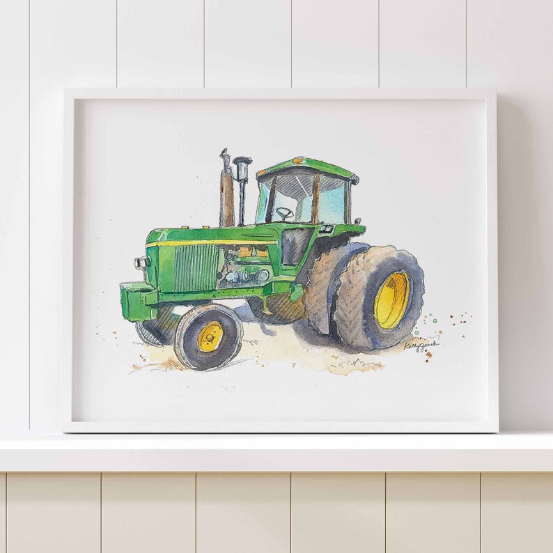 Green Tractor Print Wall Art 6, Farm Nursery Decor, Baby Toddler Boys Room, Transportation Vehicle Print, Watercolor image 3