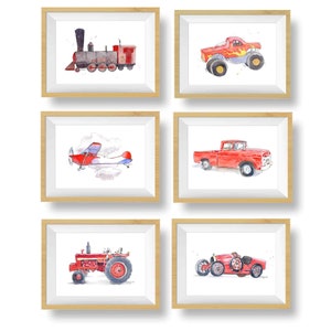 Red Vehicle Prints: Transportation Wall Art for Baby or Toddler Boys Room
