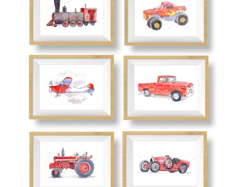 Red Transportation Prints for Baby or Toddler Boys Room, Set of 3, 4, or 6, Vehicle Wall Art, Truck, Train, Tractor, Sailboat, Airplane, Car