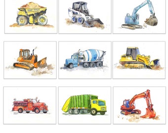 Construction Truck Prints Set for Baby and Toddler Boys Rooms, Nursery Wall Art for Kids, 35+ Choices, Hand Painted Watercolor