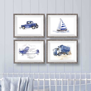 Navy Blue Transportation Prints Set for Toddler Boys Room, Vehicle Wall Art, Nursery Wall Decor, Watercolor image 2