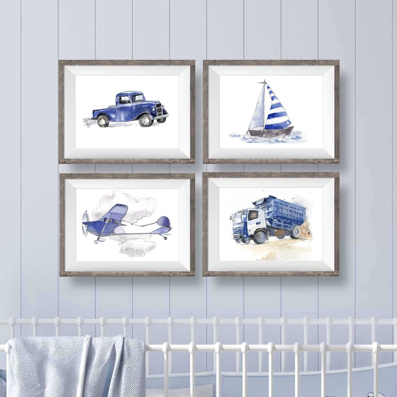 Navy Blue Transportation Prints Set for Toddler Boys Room, Vehicle Wall Art, Nursery Wall Decor, Watercolor image 2