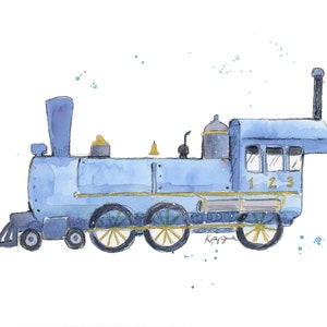 Light Blue Steam Engine Train Watercolor Print (Digital Download)