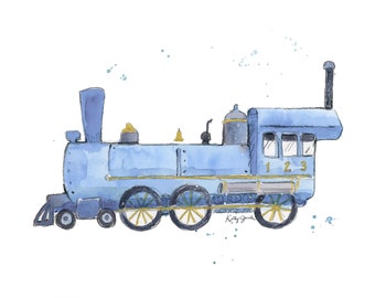 Light Blue Train Print for Baby and Toddler Boys' Rooms, Steam Engine Train Decor, Transportation Themed Room, Watercolor