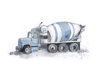 Blue Gray Cement Mixer Truck Print, Construction Wall Art, Truck Wall Decor, Blue Gray Nursery Decor, Boys Construction Room Decor