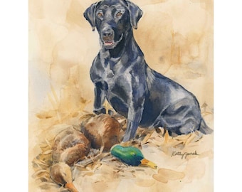 Black Labrador Retriever Art Print, Hunting Dog with Mallard Ducks Wall Decor, Watercolor Painting, Gift for Husband, Boyfriend