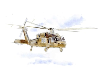 Blackhawk Helicopter Print for Kids' Bedrooms, Transportation Wall Decor, Watercolor