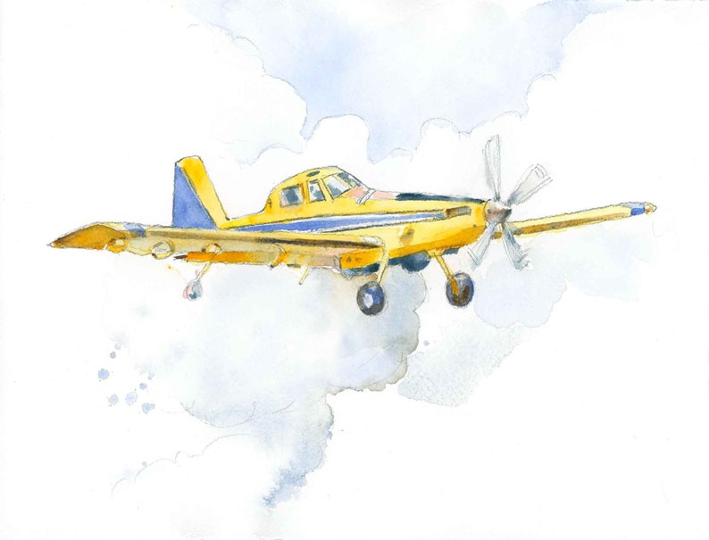 Yellow Air Tractor Art Print, Airplane Nursery Decor, Baby Toddler Boys Room, Airplane Wall Art, Crop Duster, Digital Download image 1