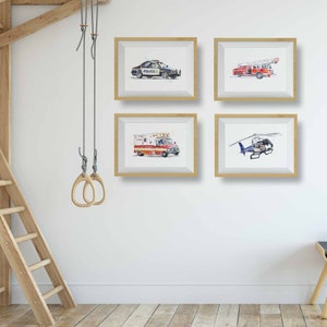 Emergency Vehicles Truck Prints for Toddlers Room, Kids Wall Art Set, Nursery Decor, Fire Truck, Police Car, Ambulance, Free Personalization image 5