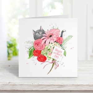 Gray Cat Mother's Day Card for Mom, Grandmother, Daughter, Girlfriend, Watercolor, Free Personalization