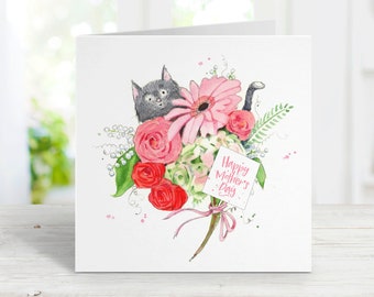 Gray Cat Mother's Day Card for Mom, Grandmother, Daughter, Girlfriend, Watercolor, Free Personalization