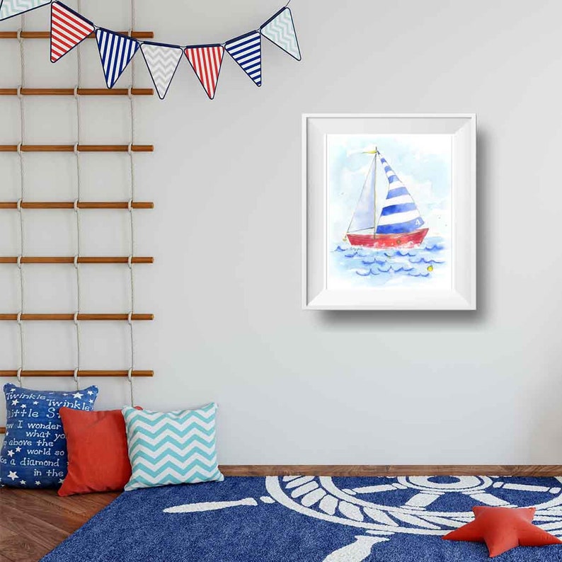 Blue Sailboat Print for Baby Nursery or Toddler's Bedroom, Nautical Wall Art for Kids' Rooms, Preschool, Playroom Decor, Watercolor image 8