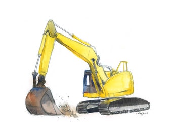 Yellow Excavator Truck Print, Construction Nursery Wall Art for Baby Nursery or Toddler Boys Room, Watercolor Wall Decor