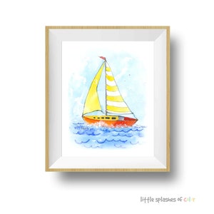 Yellow Sailboat Print for Baby and Toddlers Rooms, Nautical Nursery Wall Decor, Boys and Girls, Preschool Playroom, Watercolor image 3