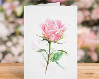 Pink Rose Card for Wife, Girlfriend, Mom, Valentine's Day, Anniversary, Birthday, Free Personalization, Rose Watercolor