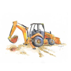 Backhoe Truck Print, Construction Decor for Boys Room, Truck Wall Art for Baby Nursery, Watercolor, Bulldozer Excavator image 1