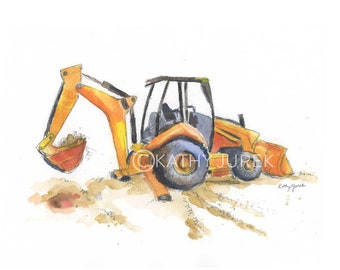 Backhoe Truck Print, Construction Decor for Boys Room, Truck Wall Art for Baby Nursery, Watercolor, Bulldozer Excavator