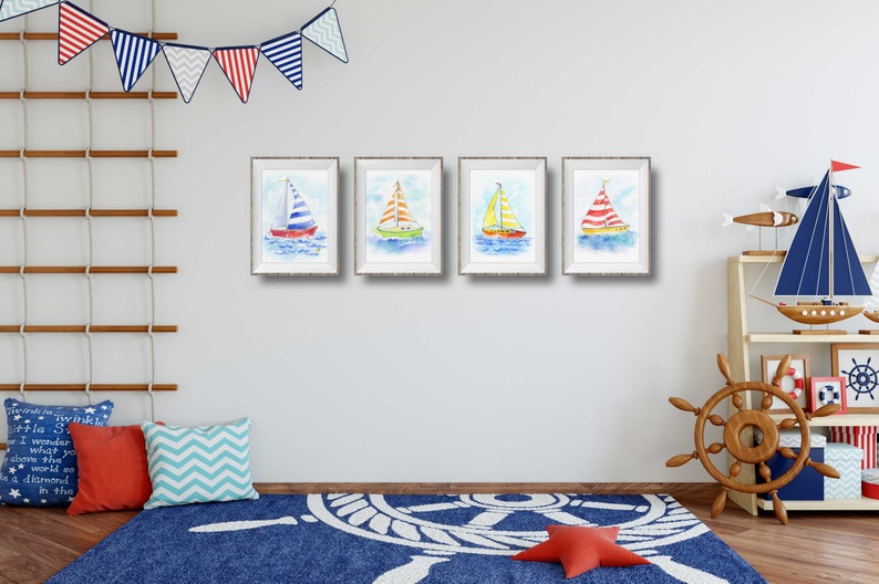 Arte de vivero de veleros, impresión de vivero náutico para niños, arte de pared de veleros para niños, impresión de arte de veleros, decoración de pared de vivero náutico imagen 4