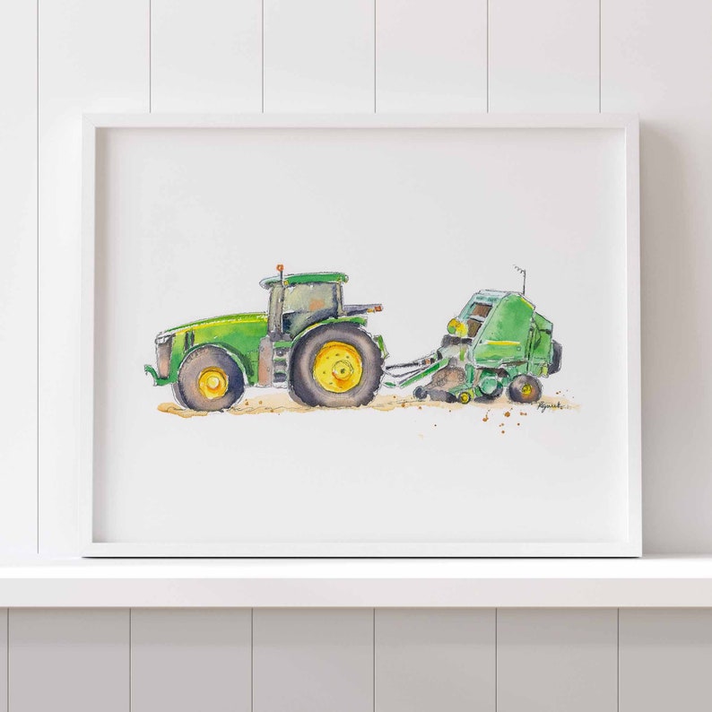 Green Tractor Print 15, Haybaler Wall Art for Farm Nursery, Baby Toddler Boys Room Decor, Watercolor image 2