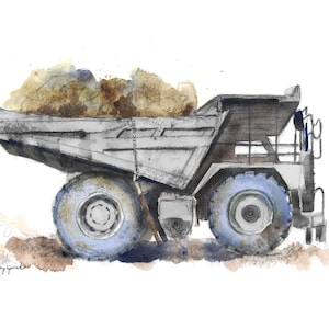 Construction Wall Art for Toddler Boys Room, Blue Gray Dump Truck Print #4, Nursery Wall Art, Watercolor