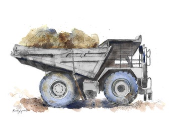 Construction Wall Art for Toddler Boys Room, Blue Gray Dump Truck Print #4, Nursery Wall Art, Watercolor