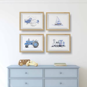 Light Blue Transportation Prints for Toddler Boys Room, Set of 3, 4, 6, or 9, Vehicle Wall Art, Trucks, Trains,  Airplanes, Helicopter, Boat